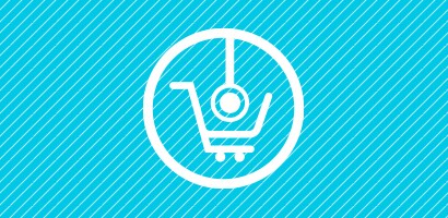 Stethoscope and shopping cart icon in white on cyan background.
