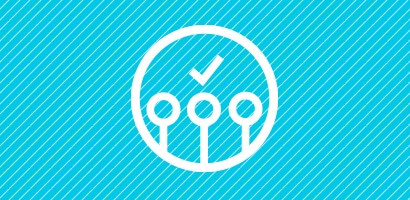 Icon of three stethoscopes with a check mark above them in white on a cyan background.
